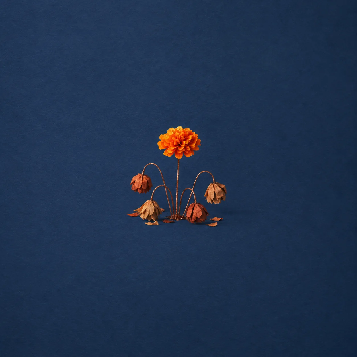 An upright orange paper flower stands among drooping brown flowers against dark blue.