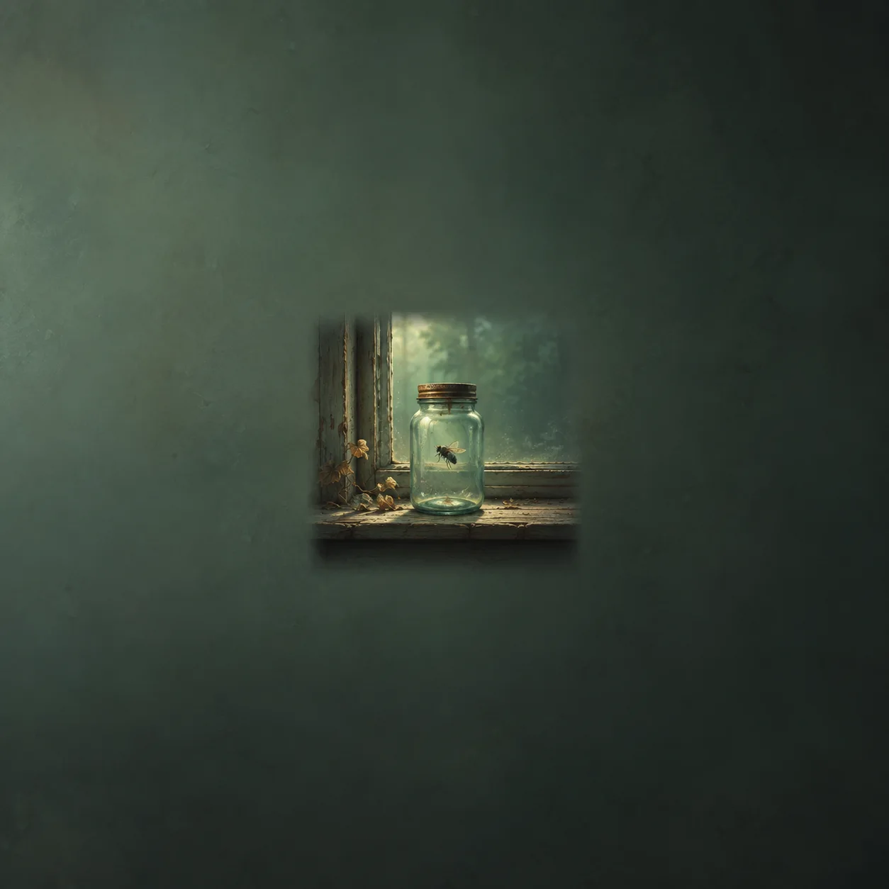 Painterly glass jar containing a small fly on a wooden windowsill in green light.