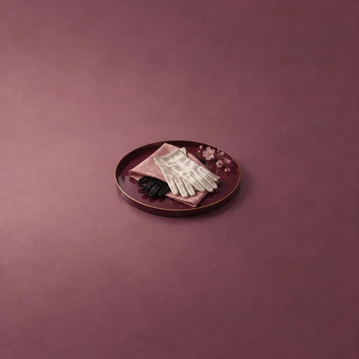 White gloves with a black glove peeking out beside a pink napkin on a plum tray.