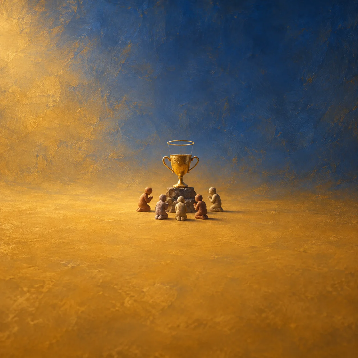 Small clay figures kneel around a gold trophy topped with a wire halo on ochre ground.