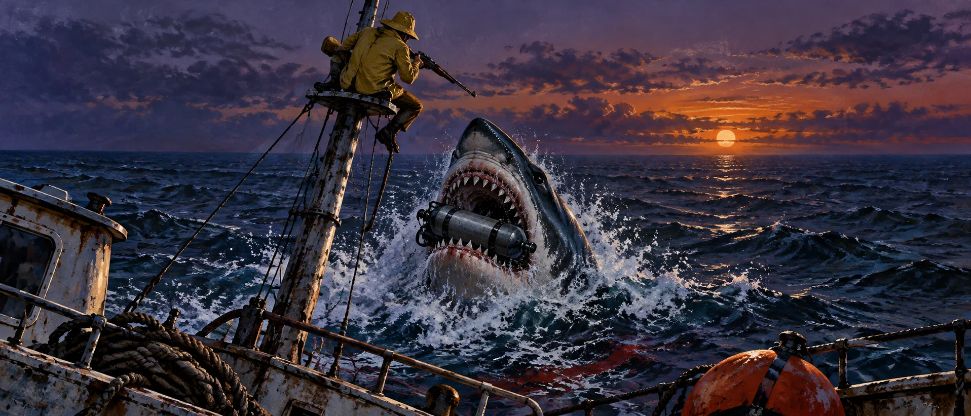 A man in a yellow oilskin clings to the top of a sinking boat's mast, rifle aimed, as a huge shark surges up with a scuba tank in its jaws.