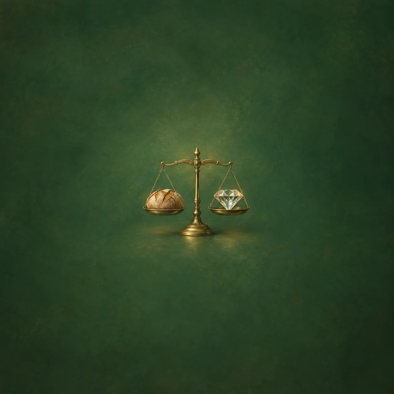 A brass balance holds a loaf of bread in one pan and a faceted glass gem in the other against a green background.