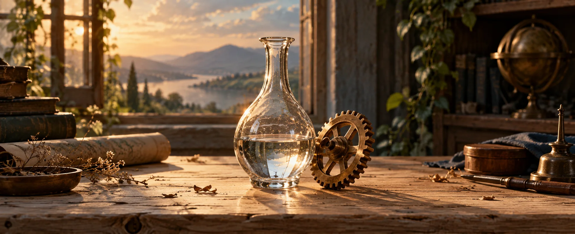 A delicate transparent glass vessel stands beside a loose brass gear on a pale wooden workbench.