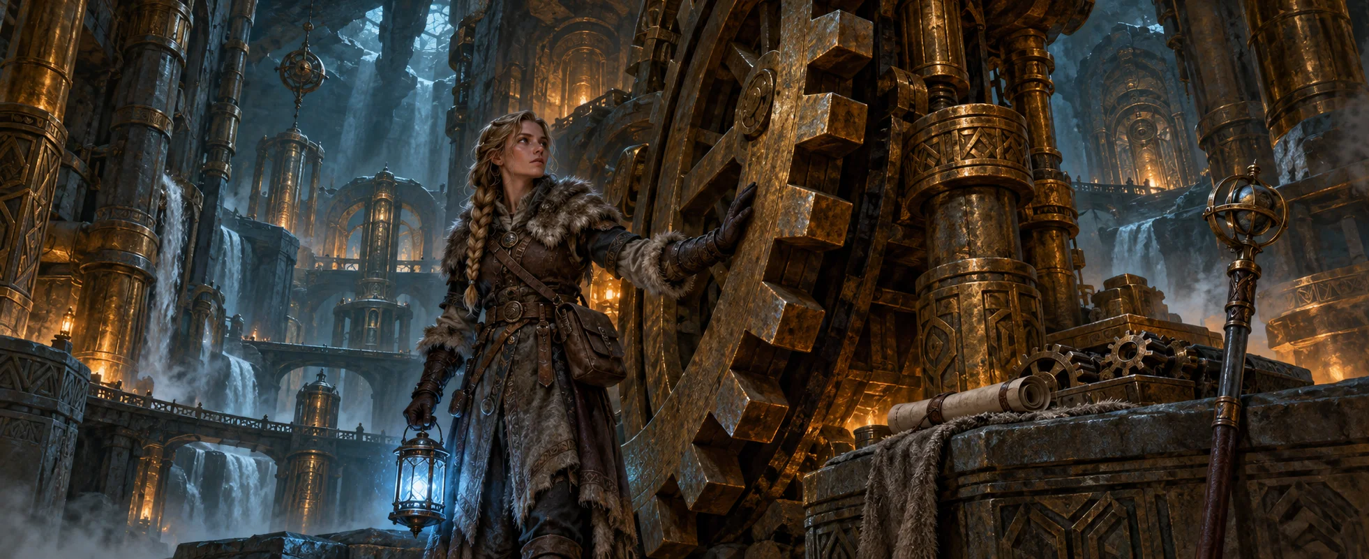 A woman in furs holds a lantern beside a giant brass gear in a vast underground Dwemer ruin.