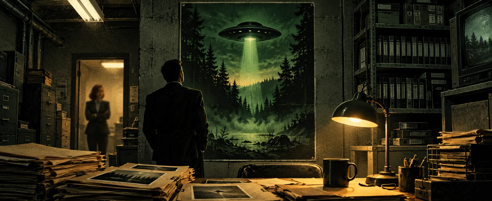 A man in a dark suit stands in a cluttered basement office before a poster of a glowing flying saucer over a misty forest, a woman watching from the doorway.