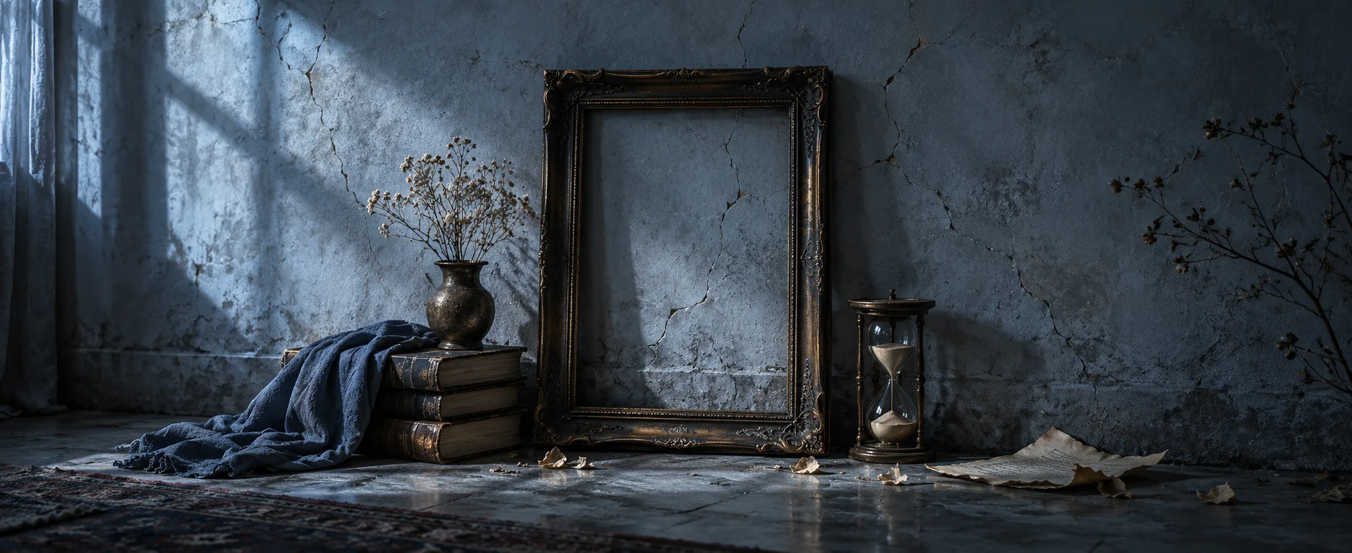 An empty dark picture frame rests against a pale cracked wall in cold blue light.