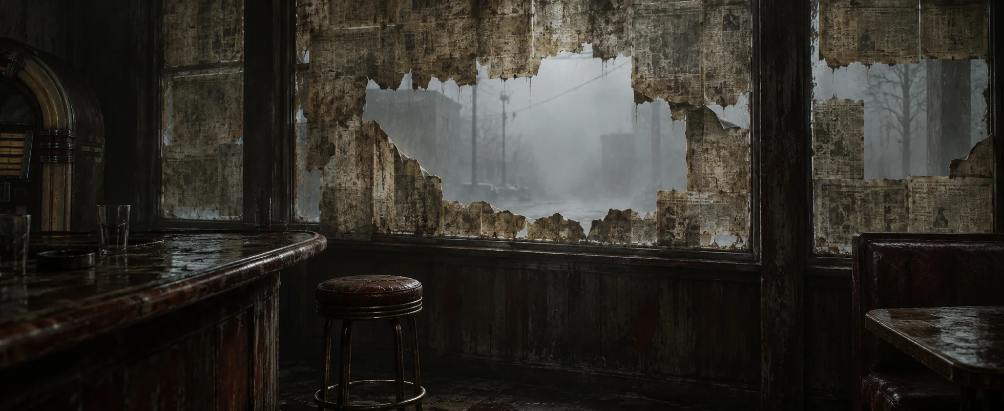 Inside a dim, empty bar, the front window's covering of yellowed paper has a jagged hole torn in it, grey fog pressing against the glass beyond, a single stool by the counter.