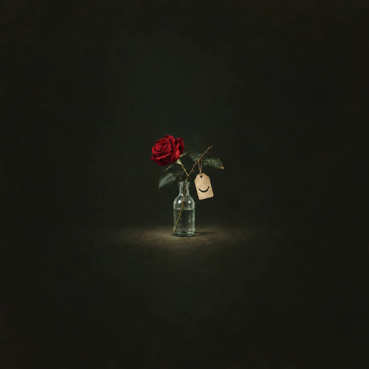 A red rose in a small glass bottle with a smiling paper tag tied to its stem.