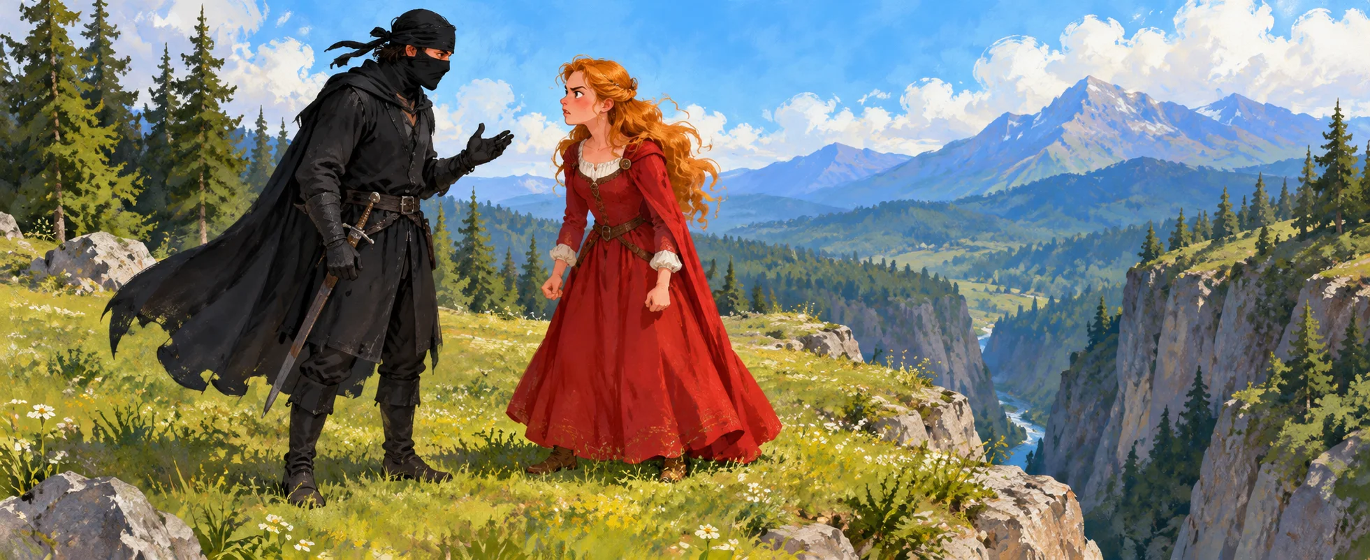 A masked man in black gestures as he lectures a red-haired young woman in a red dress on a grassy ridge above a ravine.