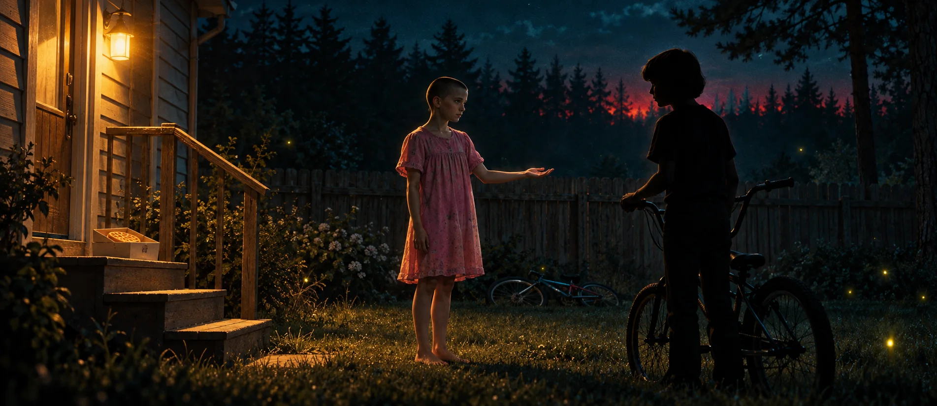 A shaven-headed girl in a pink dress holds out her hand to a boy with a bicycle in a dark back garden at night, fireflies in the air.