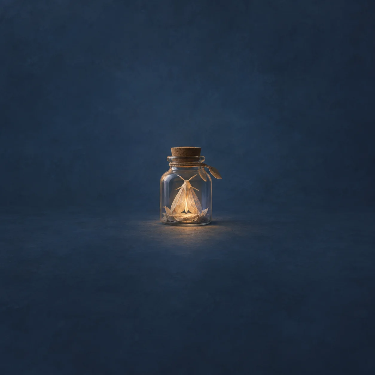 A softly glowing moth rests inside a corked glass jar against a dark blue background.