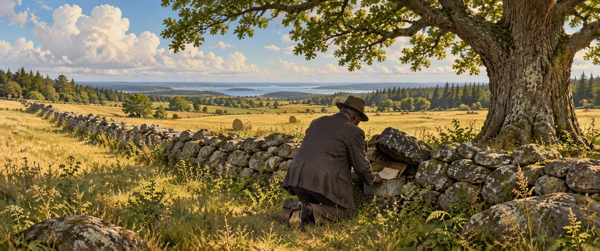 A man in a suit and hat kneels at the foot of a stone wall under a great oak in a golden hayfield, lifting out a hidden tin box.