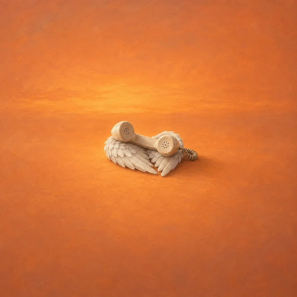 A cream telephone receiver rests on folded white feathered wings.