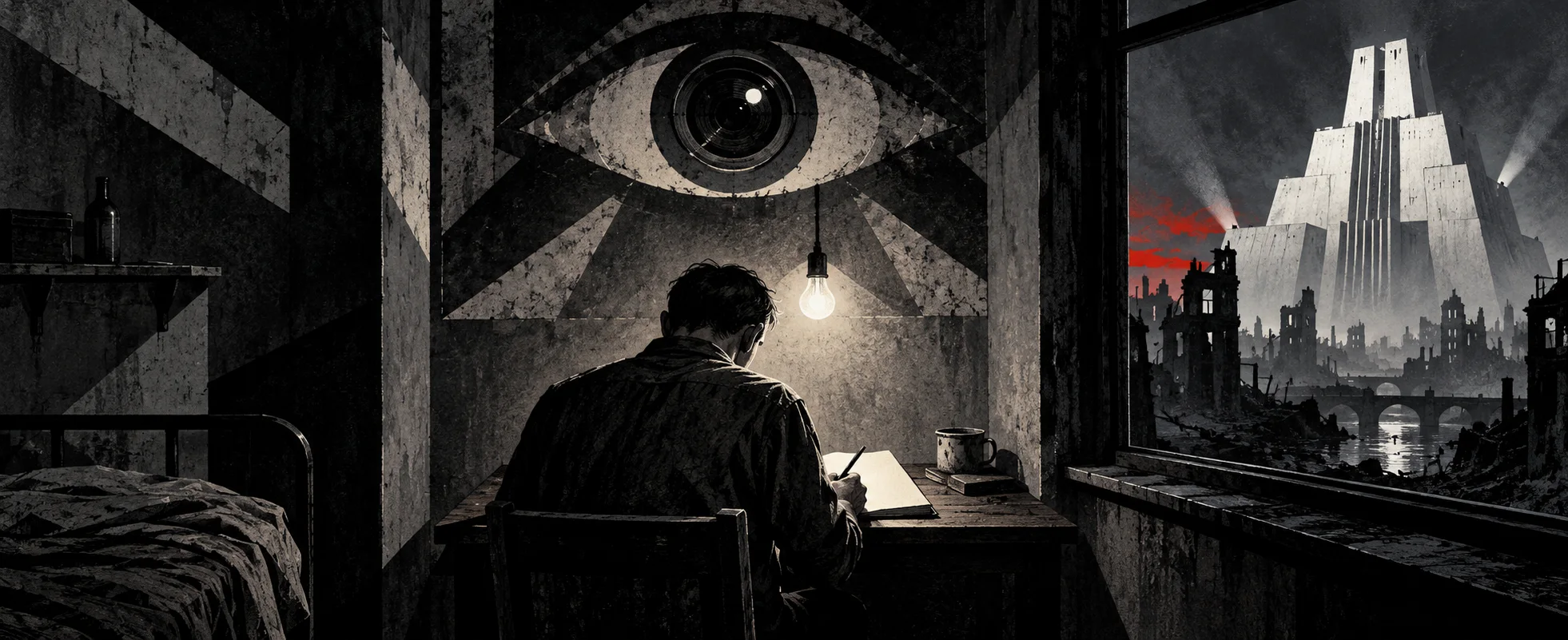A man writes in a diary under a bare bulb beneath a huge painted eye, the white pyramid of a ministry rising over ruins outside the window.
