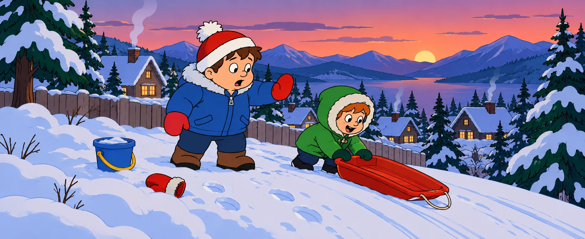 Two cartoon boys in winter hats on a snowy hillside at sunset, one with a sled, one with a bucket.