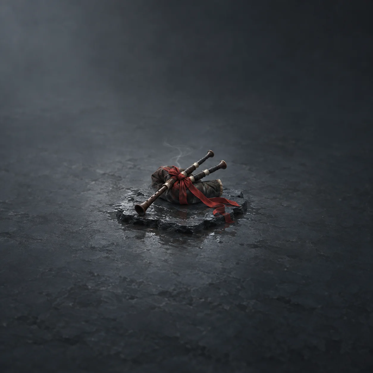Small dark bagpipes wrapped with a red ribbon on a wet grey stone slab, with faint mist above.