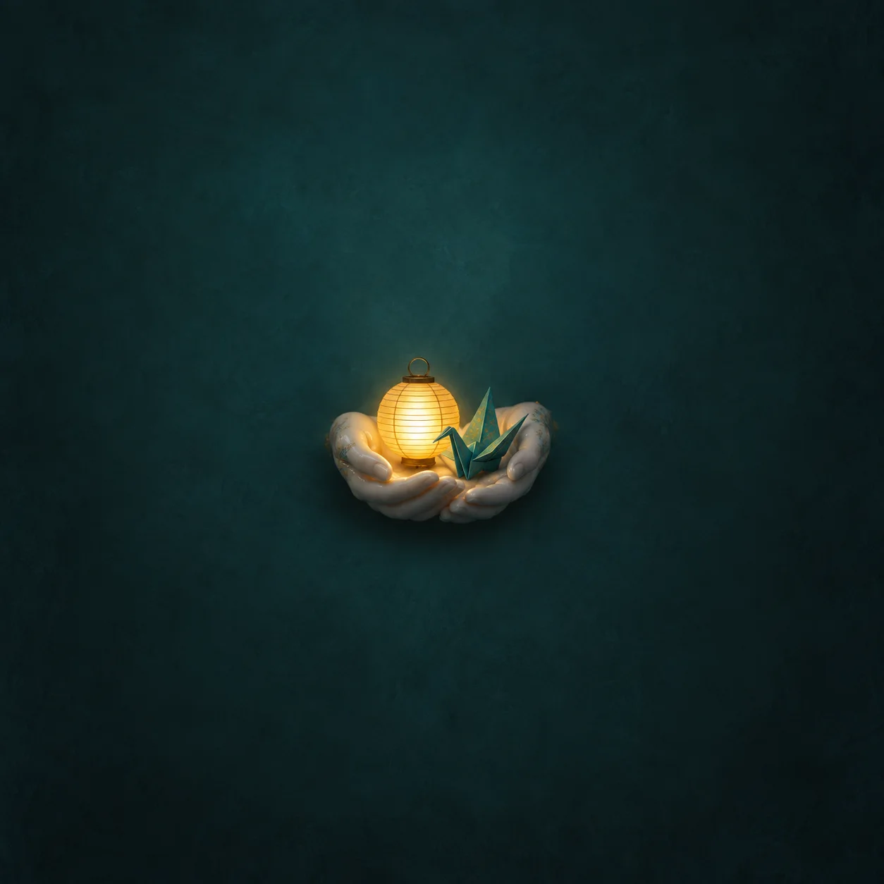 A glowing yellow lantern and a green paper crane rest in cupped pale hands against dark teal.