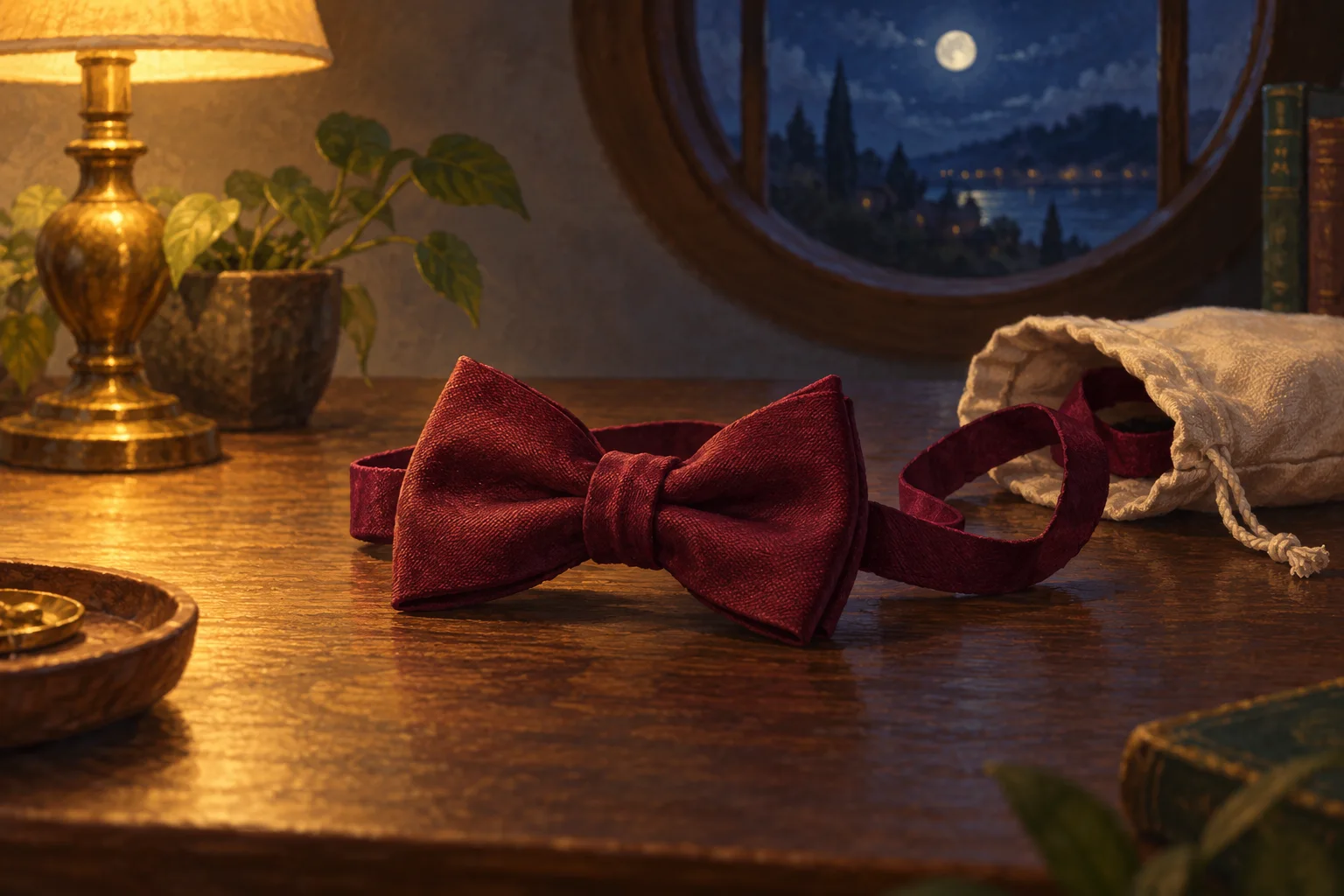 A burgundy bow tie rests on a wooden table beside a cream cloth pouch, with warm lamplight and a moonlit round window.