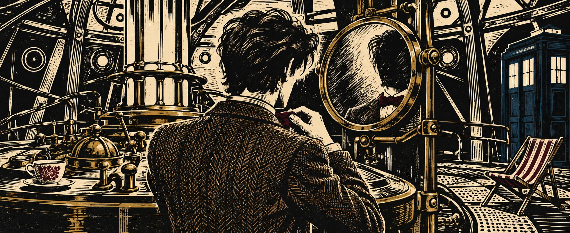 In a linocut style, a man in tweed adjusts his bow tie in a brass mirror at a time machine's console, a cup of tea and a deckchair beside him.
