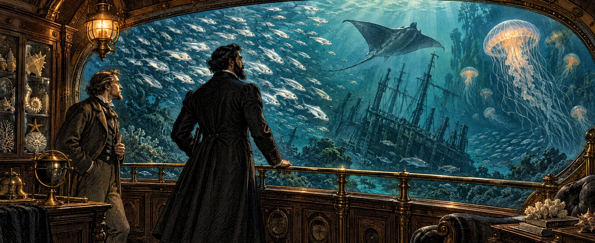 A captain in a frock coat leans on a rail at a vast submarine window filled with fish, a manta ray, jellyfish and a sunken ship.