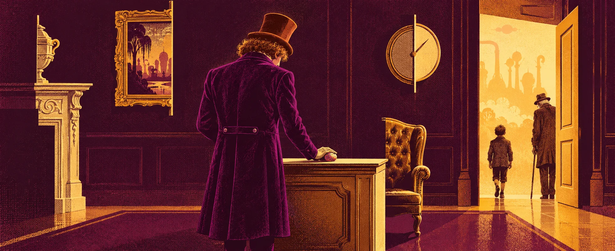 Seen from behind, Willy Wonka rests a hand on the Everlasting Gobstopper on his half-desk in an office where the clock and painting are cut in half, as Charlie and Grandpa Joe walk out into golden light.