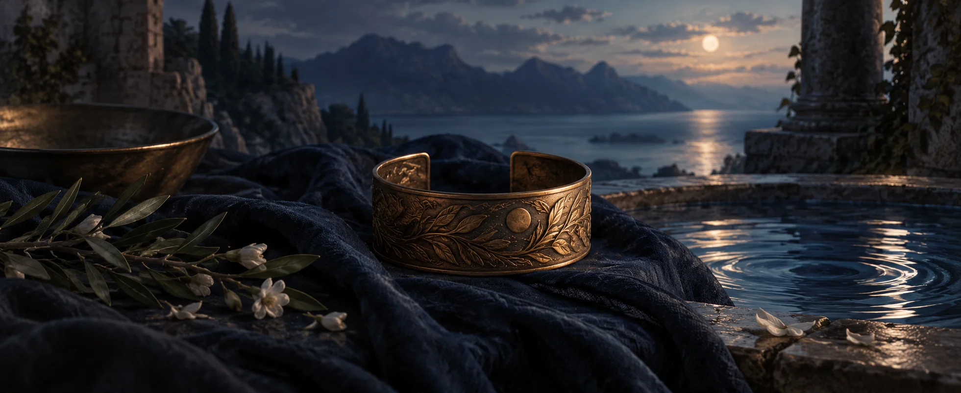 An unmarked ornate bronze wrist cuff rests on dark cloth beside ripples of pale blue light.