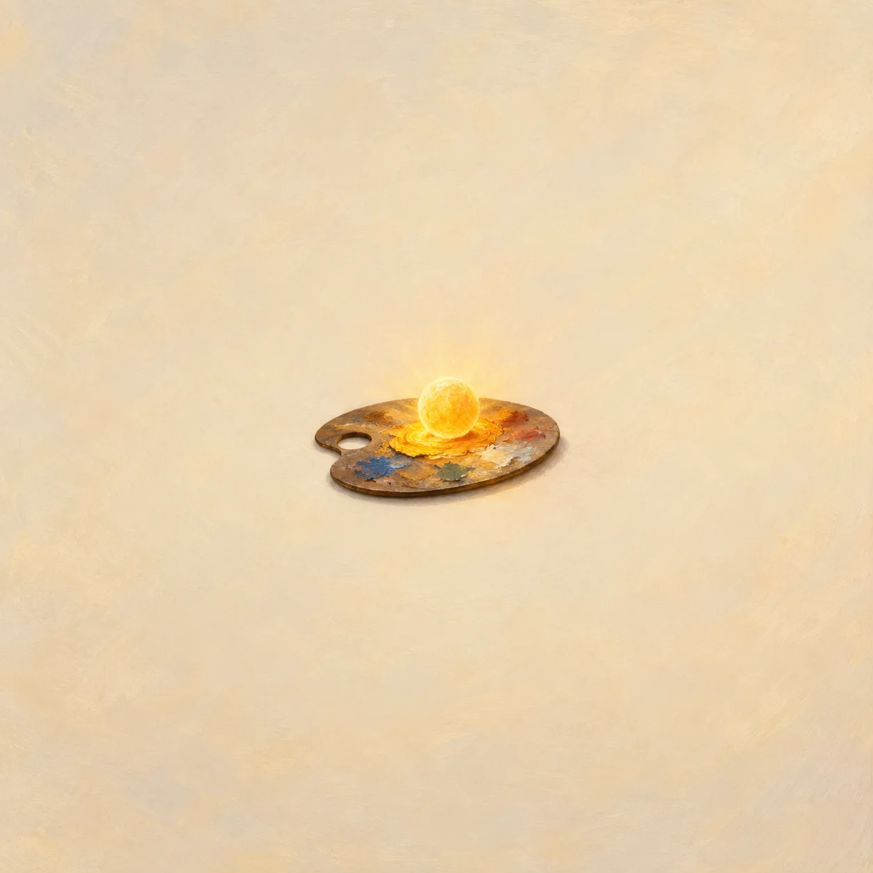 A glowing miniature sun rises from yellow paint on a wooden artist's palette.