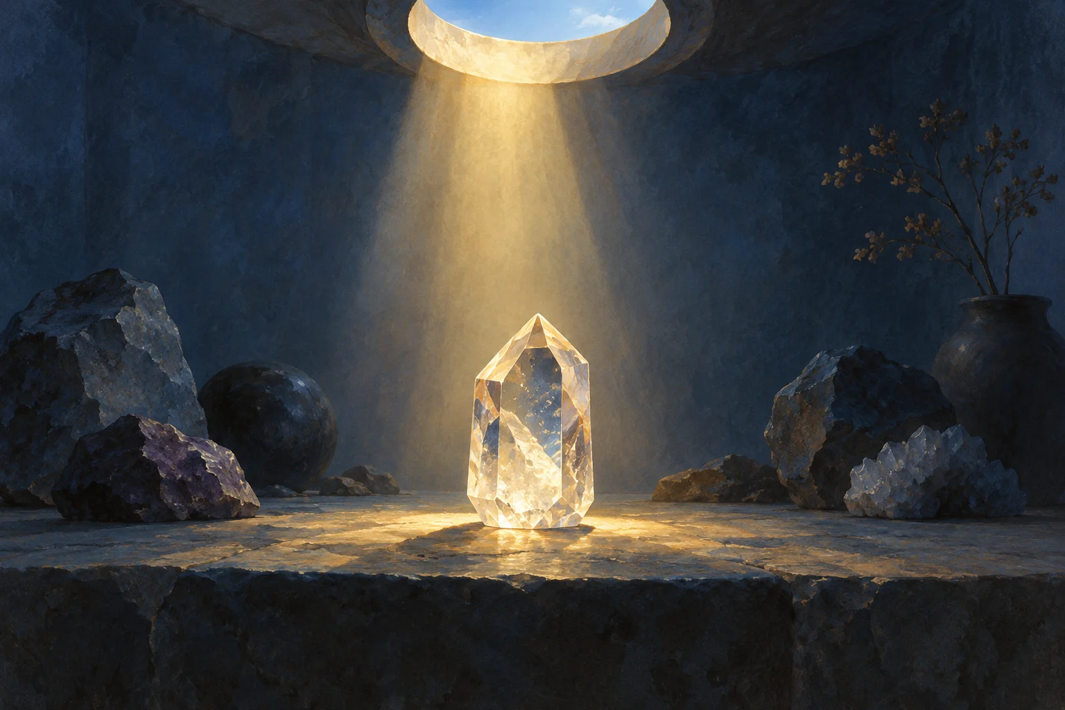 A single sunbeam falls through a circular aperture onto one clear crystal among soft shadows.