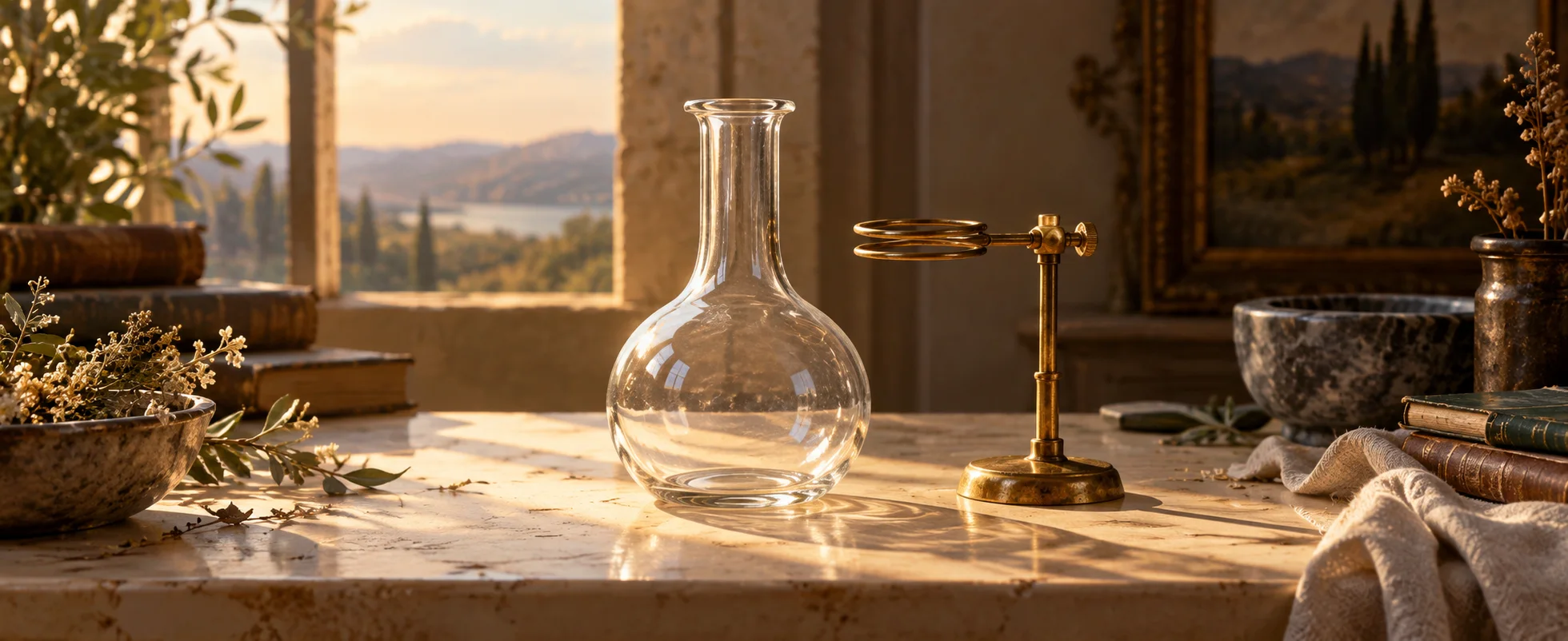 A plain glass flask stands beside a small brass instrument on a sunlit cream workbench.