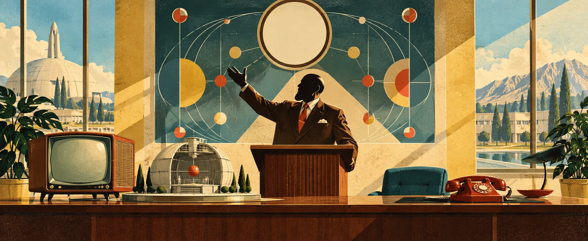 A suited executive gestures grandly at a lectern in a sunlit mid-century corporate lobby full of atomic-age diagrams.