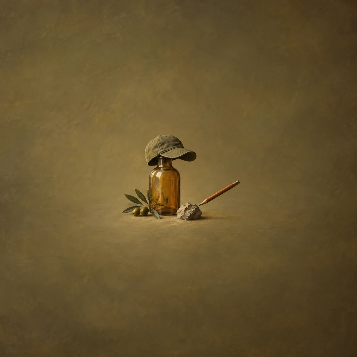 An olive cap rests on an amber bottle beside a pencil, an olive branch and a small lump of clay.