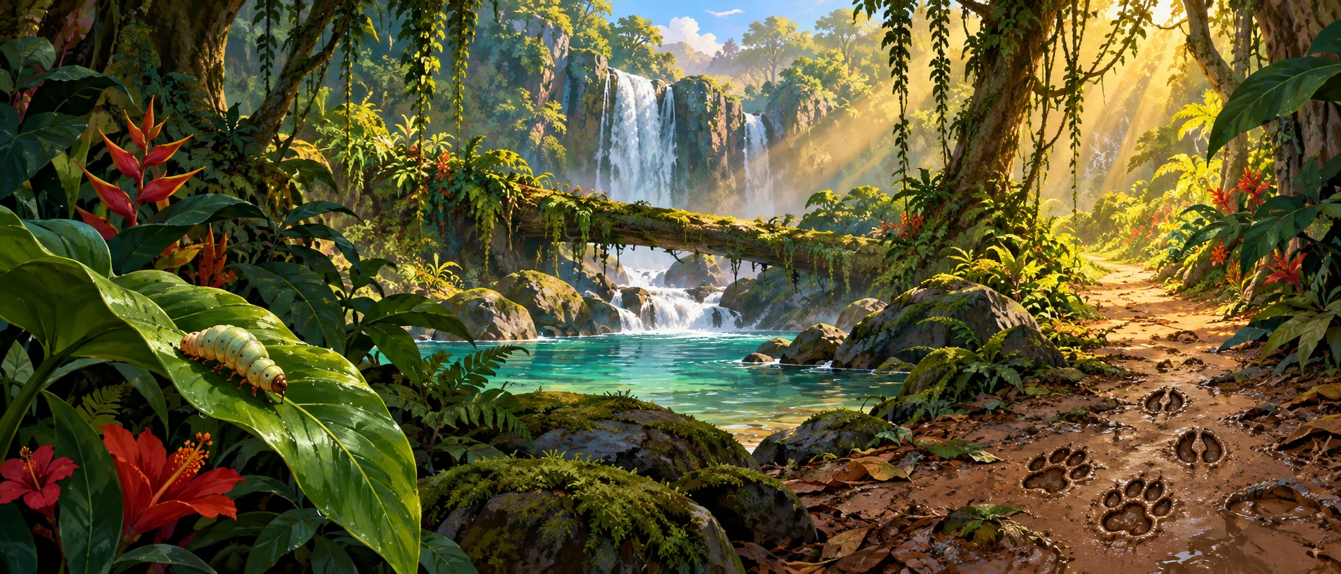 A sunlit jungle oasis with a waterfall, a mossy log over a turquoise pool, a fat grub on a leaf, and three sets of tracks leading off together.