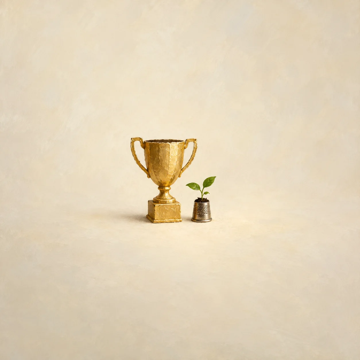 A gold trophy cup beside a small green seedling growing in a thimble against a cream background.
