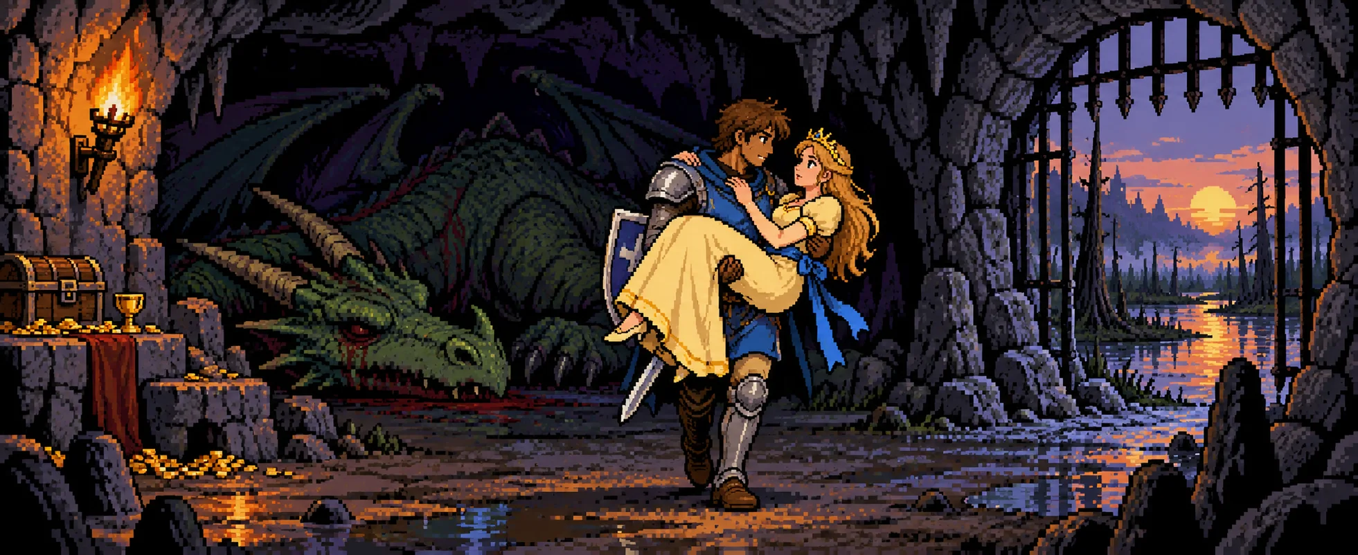 A young armoured hero carries a princess in a yellow gown out of a torch-lit swamp cave, a slain green dragon lying among treasure behind them and a sunset over the marsh outside.