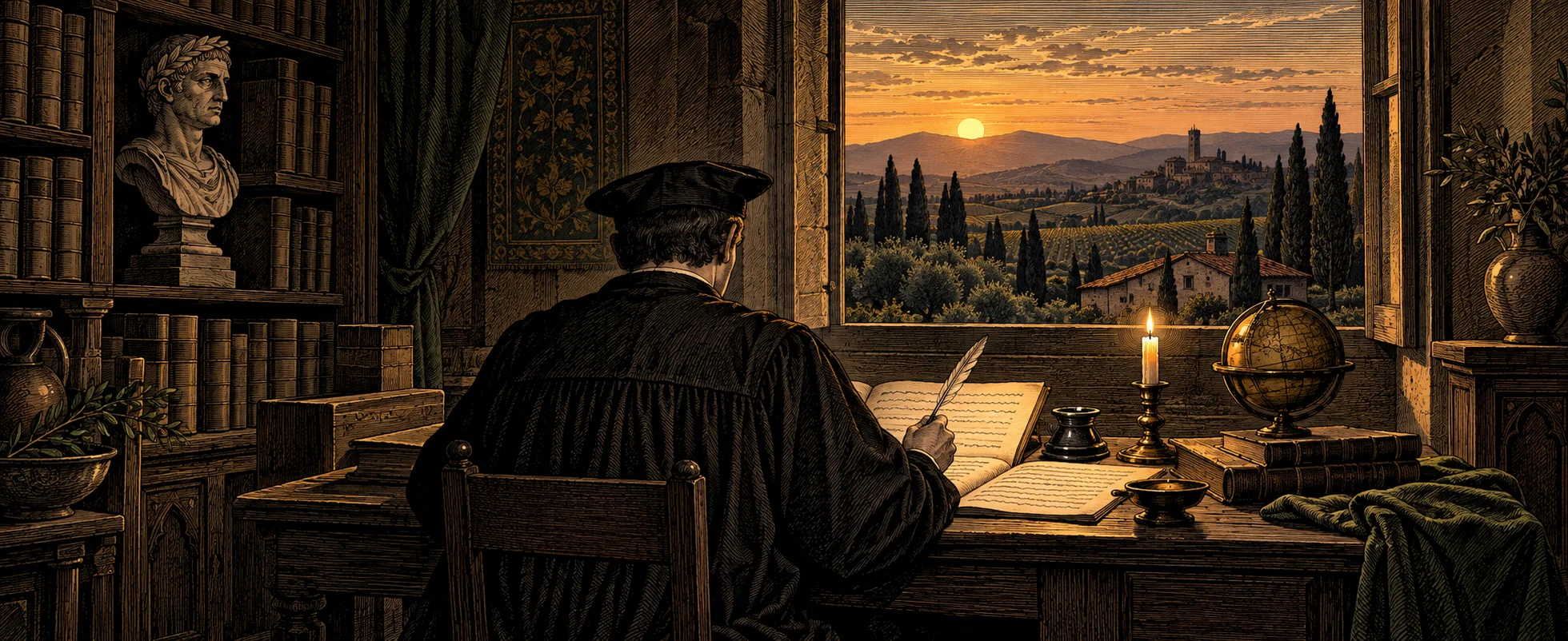 A scholar in a dark gown and cap, seen from behind, writes with a quill by candlelight at a desk in a Tuscan farmhouse study, a classical bust on the shelf and cypress-dotted hills at sunset through the window.