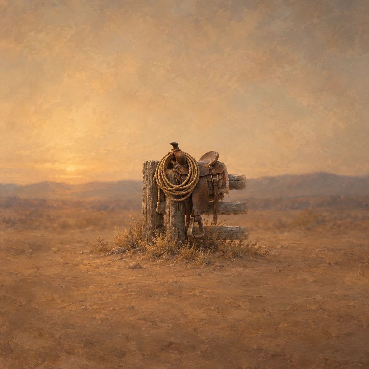A coiled rope hangs over a worn saddle on a wooden fence in a dry landscape.