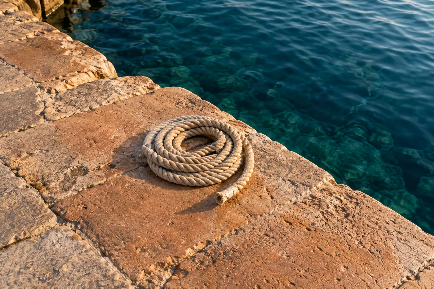 A rope is coiled on warm stone beside deep blue-green harbour water.