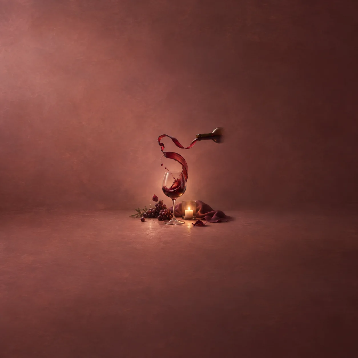 Red wine curls downward from a suspended bottle into a glass beside grapes, cloth and a glowing candle.