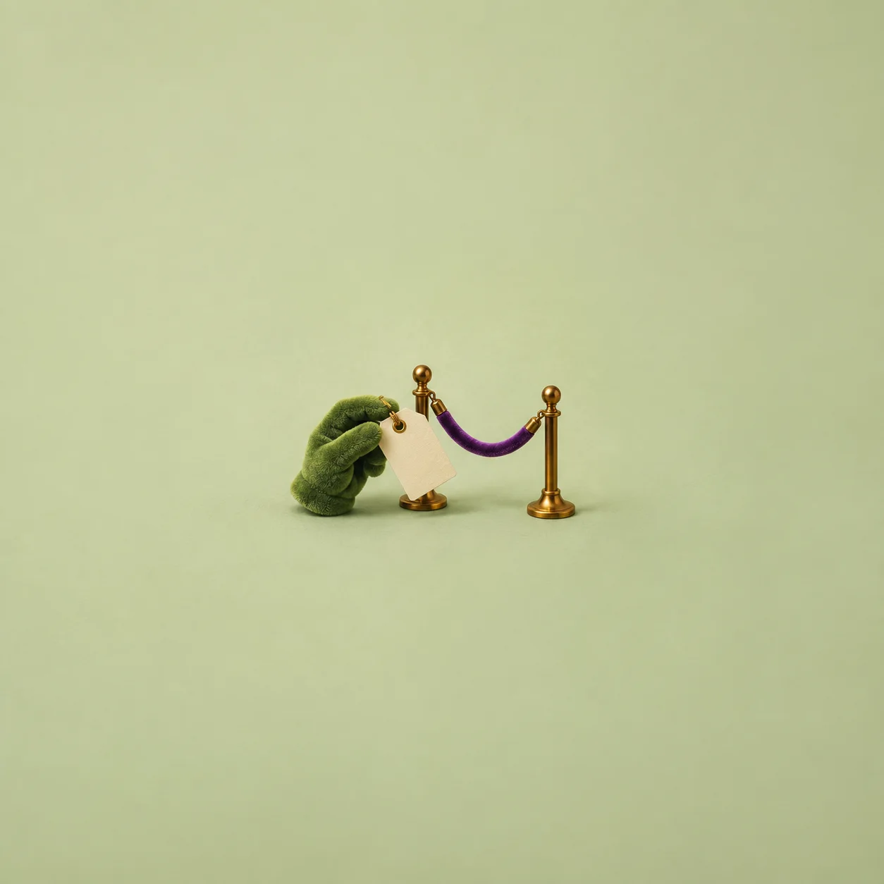 A green felt mitten holding a blank tag beside a purple velvet rope between two brass posts.