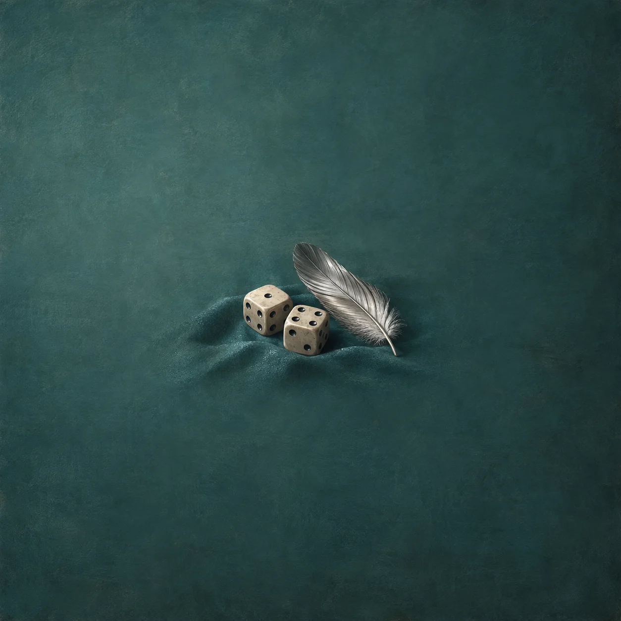 Painterly two ivory dice beside a silver-grey feather on teal cloth.