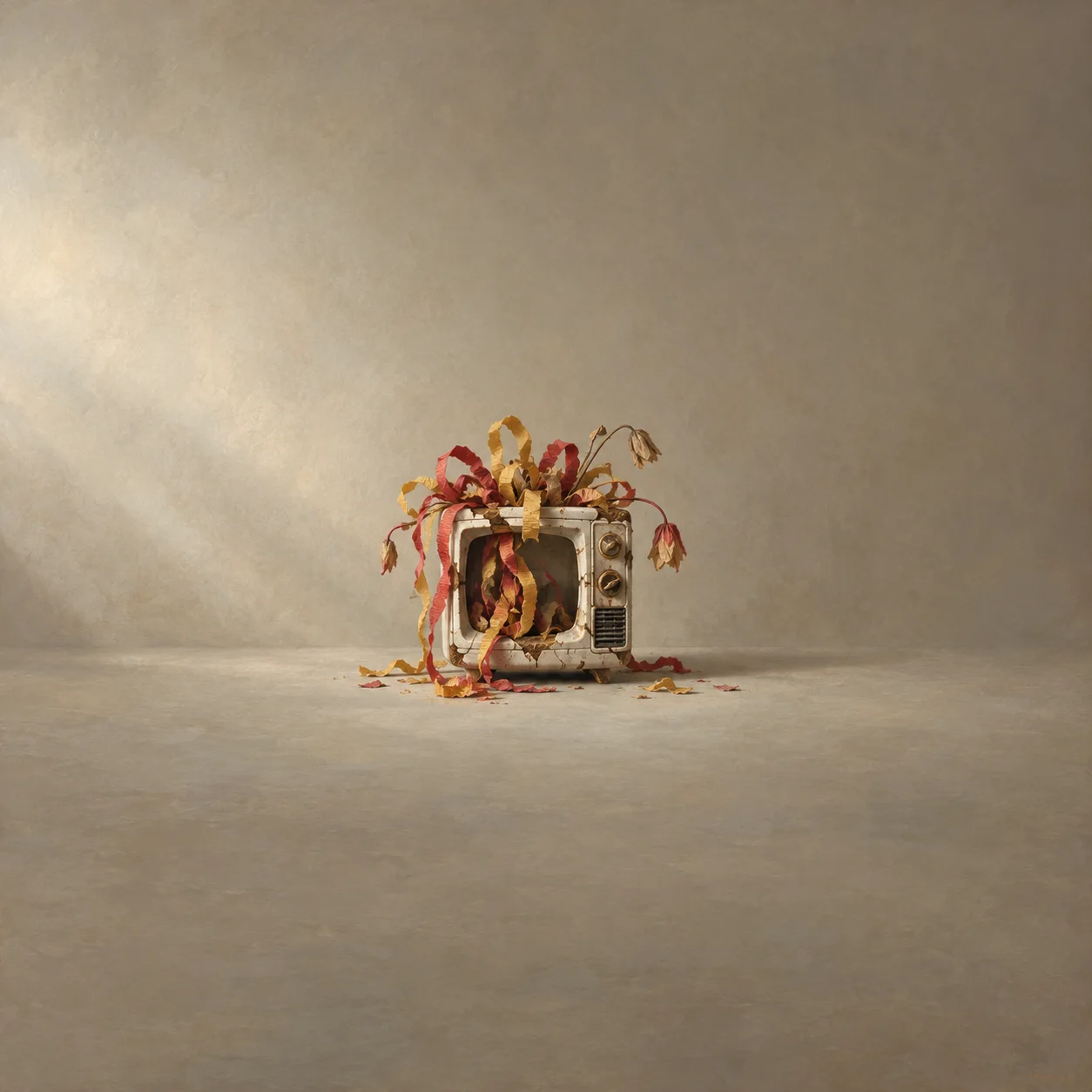 Painterly old television-shaped vessel filled with drooping red and gold paper streamers.