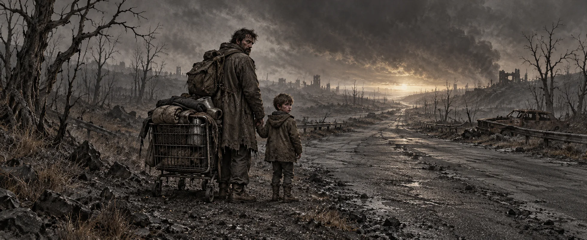 A man pushing a loaded shopping cart holds a small boy's hand on a grey, ash-covered road through a dead landscape.