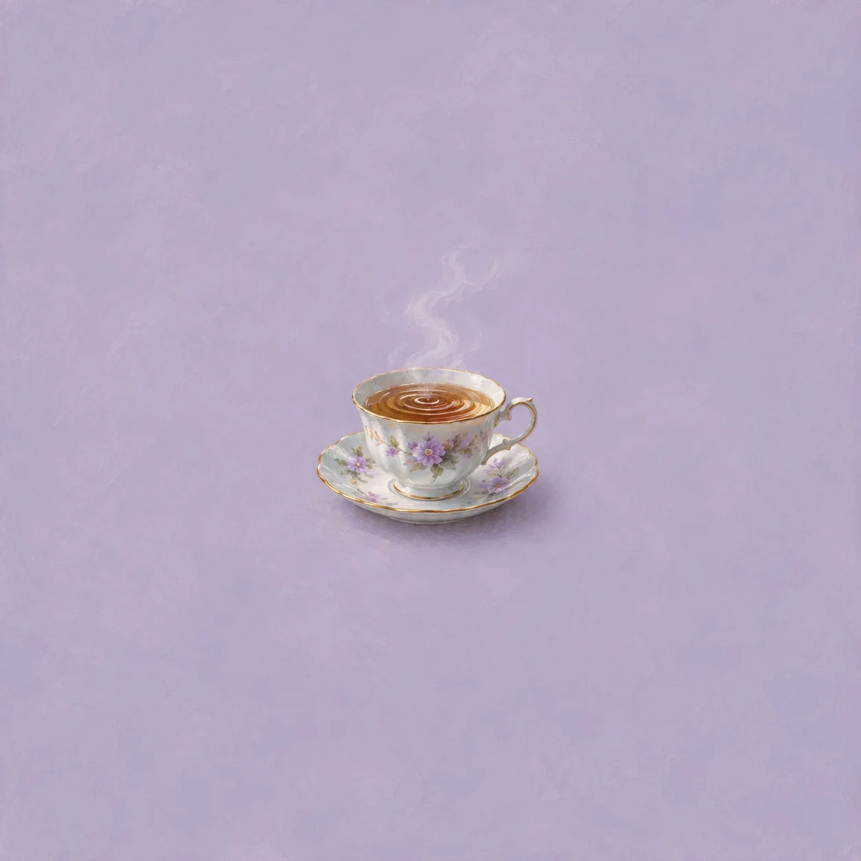 Steam rises from a floral teacup on a saucer, with circular ripples in the tea against a lavender background.
