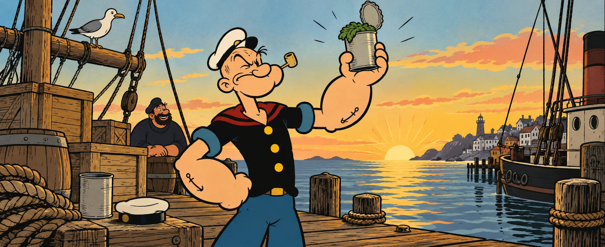 A one-eyed sailor with bulging forearms holds up an open can of spinach on a harbour dock at sunrise.