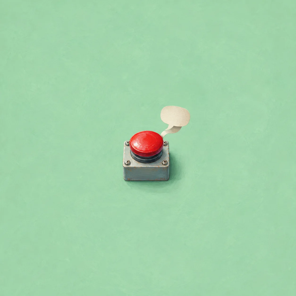 A large red push button sits on a small grey box beside a curled blank paper strip against mint green.