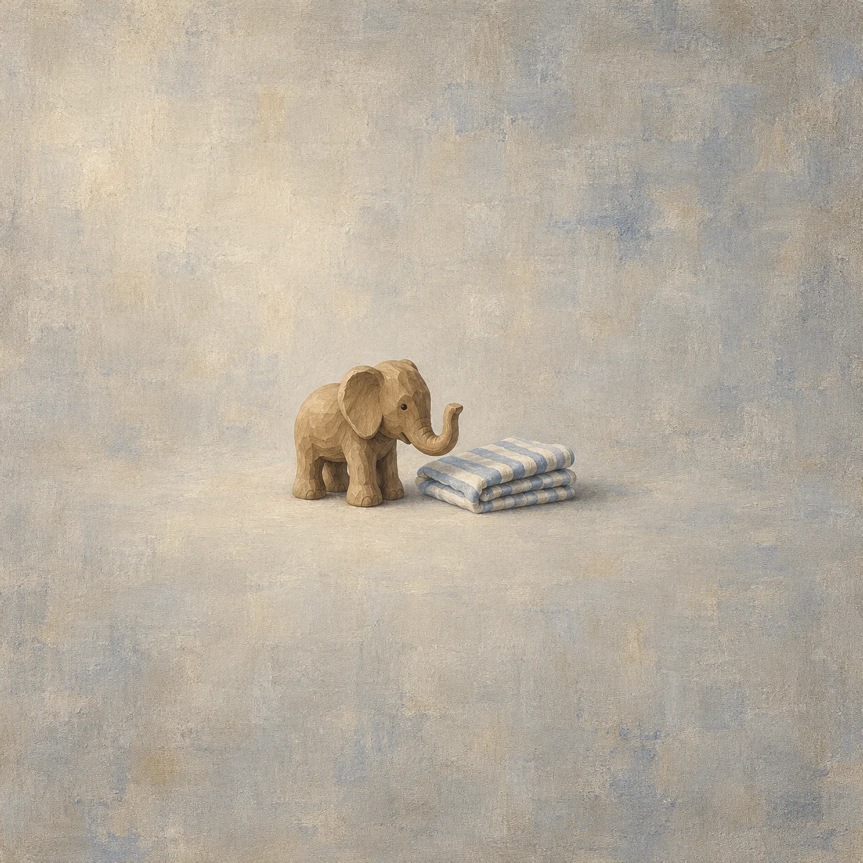 A small carved wooden elephant stands beside folded blue-and-ivory striped cloth on warm grey ground.