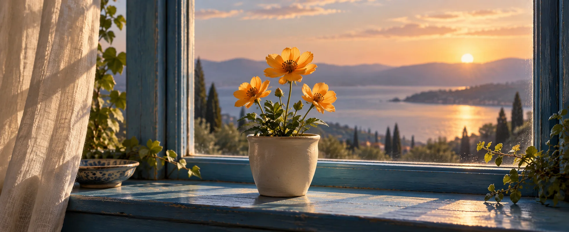A cluster of small amber flowers grows from a plain cream pot on a sunlit blue windowsill.