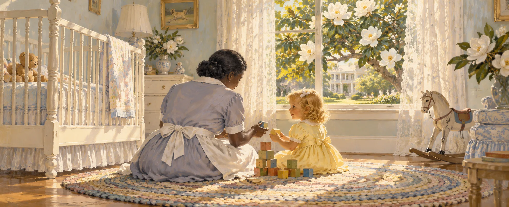 A maid in a white apron kneels on a nursery rug with a curly-haired toddler in a yellow dress, building blocks beside a white crib and a magnolia window.
