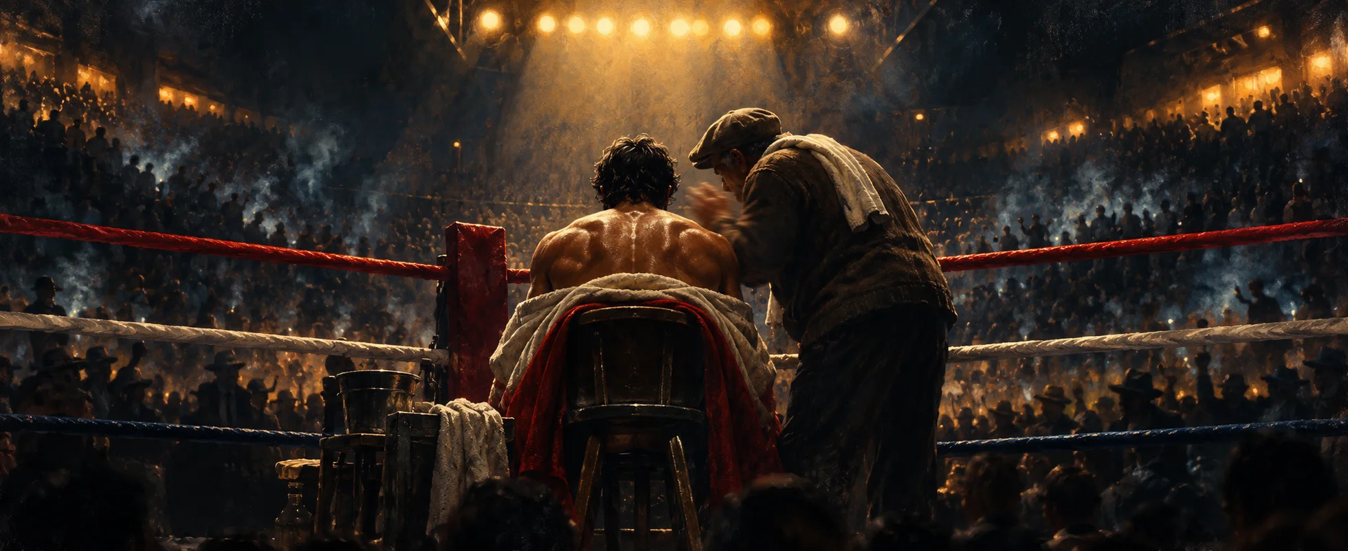 A boxer slumps on his corner stool under arena lights while his old trainer leans in over his swollen eye.