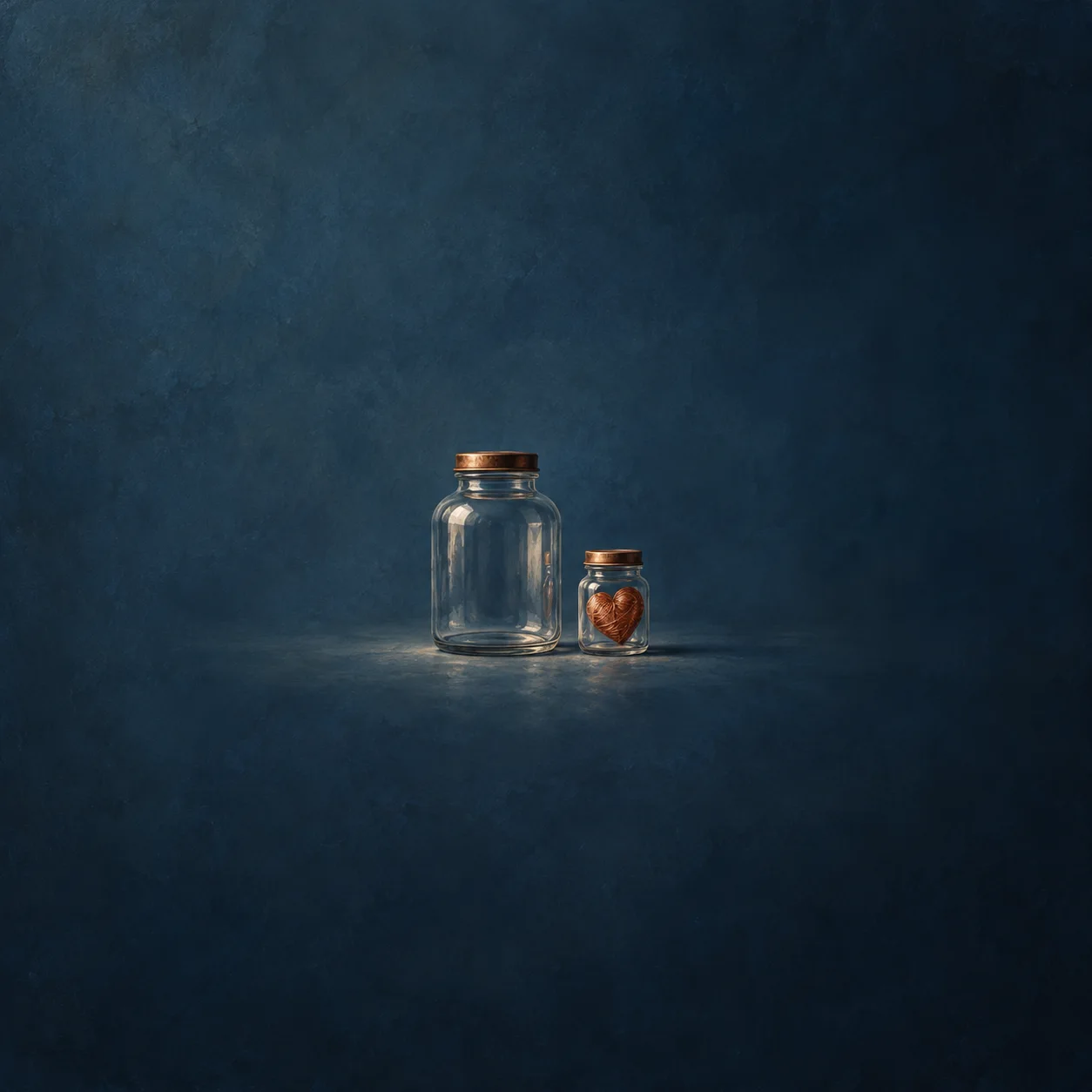 A large empty glass jar stands beside a smaller jar containing a copper-coloured heart.